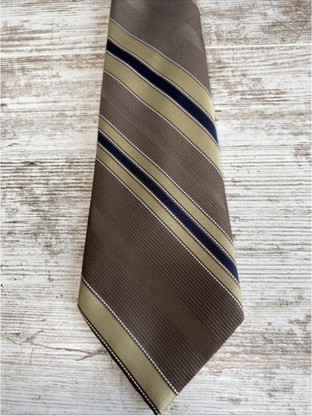 Johnny Carson Striped Tie Brown Gold Navy Classic 56” 3.25” Mens Necktie